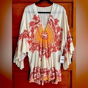 Free People White Orange Red Boho flowy sleeve tunic sz L, Large NWT!  NEW!